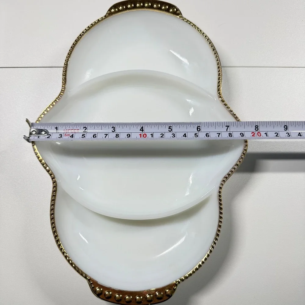 2 FIRE-KING Vintage White Milk Glass Gold Beaded Trim Serving Platter Relish